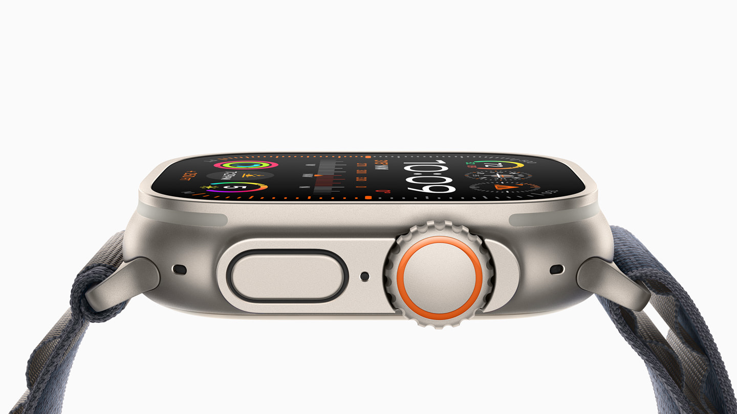 Une vue de profil rapprochée d’Apple Watch Ultra 2 mettant en évidence la Digital Crown.