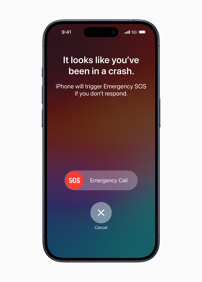 A Crash Detection prompt for Emergency SOS displayed on iPhone 15 Pro.