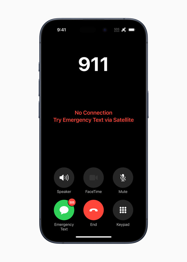 Emergency text via satellite option displayed on iPhone 15 Pro.
