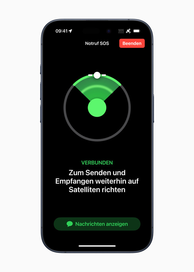 Notruf SOS über Satellit auf einem iPhone 15 Pro mit dem Hinweis „Verbunden: Zum Senden und Empfangen weiter hinauf den Satelliten richten“ 