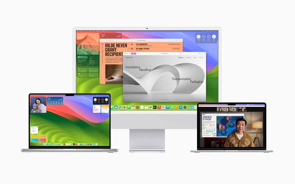 macOS Sonoma를 보여주는 MacBook Air, iMac 27 및 MacBook Air.