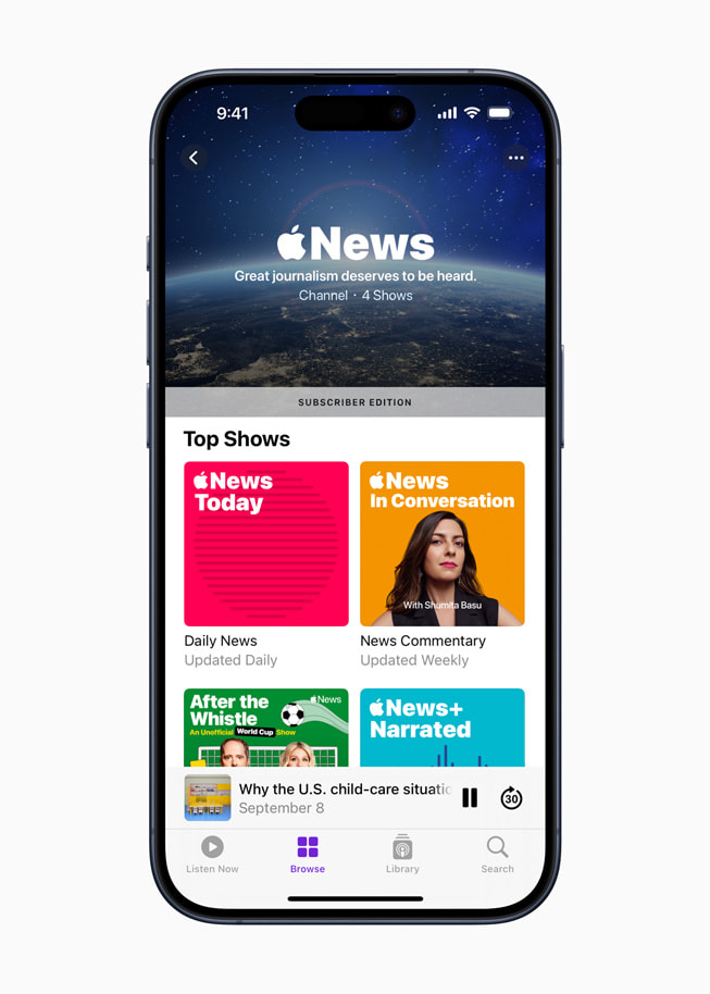 Se muestra el canal de Apple News en Apple Podcasts.