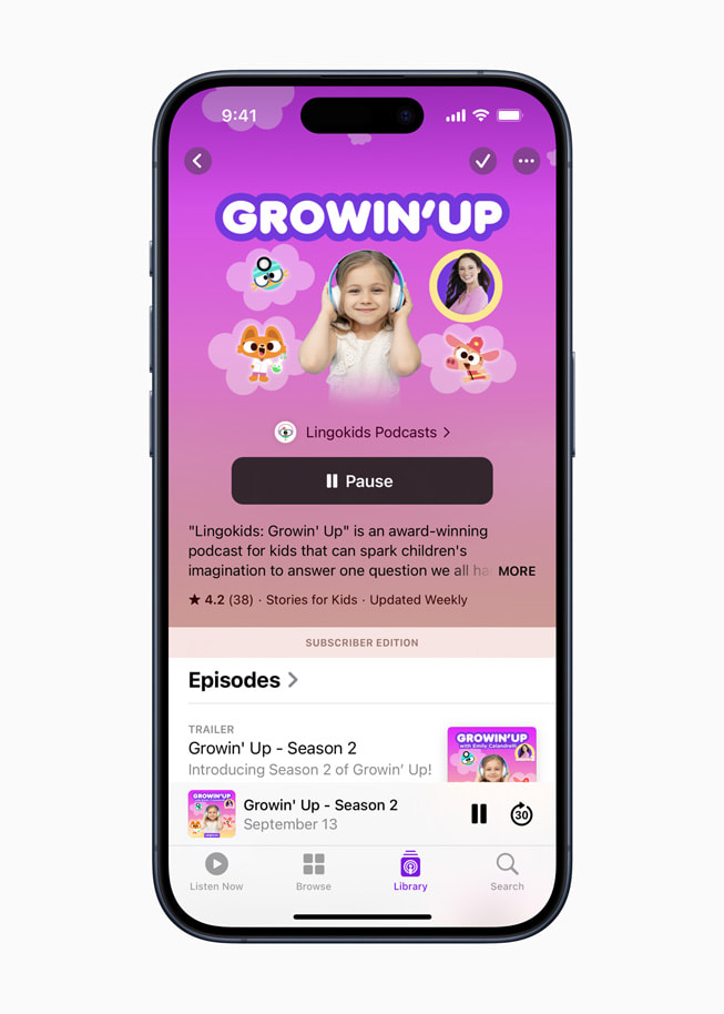 Hình ảnh Apple Podcasts hiển thị trang giới thiệu chương trình dành cho podcast Growin’ Up của Lingokids.
