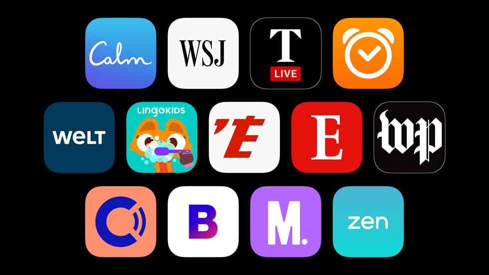 Na černém pozadí jsou vyobrazeny ikony aplikací, včetně Apple News, Calm, The Wall Street Journal, The Times, The Washington Post a Lingokids.