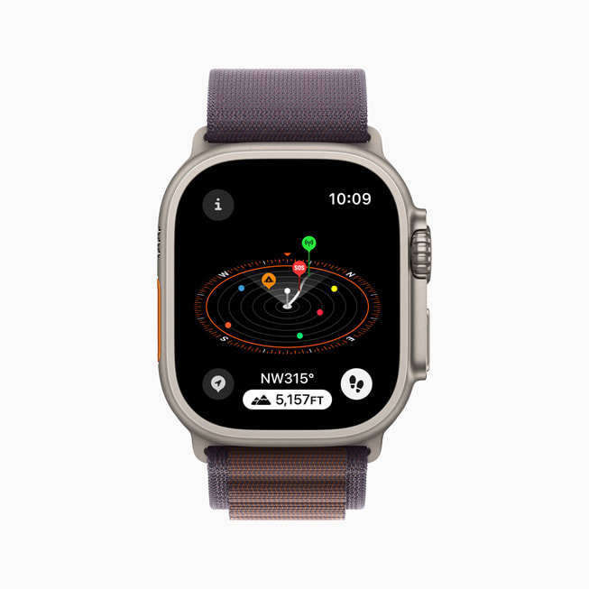 Apple Watch Ultra menampilkan Titik Jalan Koneksi Seluler Terakhir dan Titik Jalan Panggilan Darurat Terakhir.