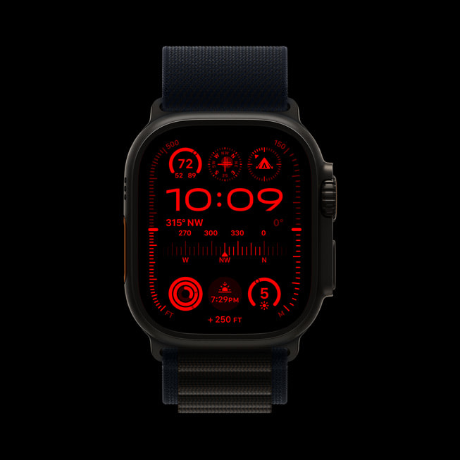 Apple Watch Ultra 2 顯示 Modular Ultra 錶面上的「夜間模式」。