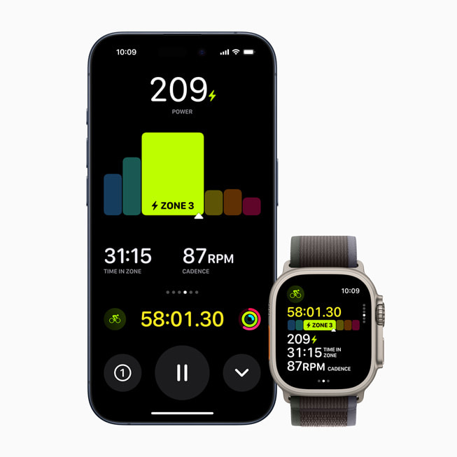 Se muestra la pantalla de Zonas de Potencia en un iPhone 15 Pro y Apple Watch Ultra, se ve el tiempo de entrenamiento transcurrido, la zona actual, el tiempo que se pasó en la zona, y la cadencia.