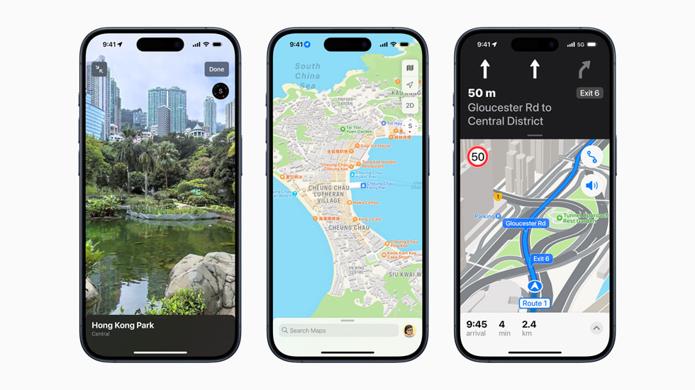 iPhone 15 Pro 展示為香港而設的全新 Apple「地圖」app 功能。