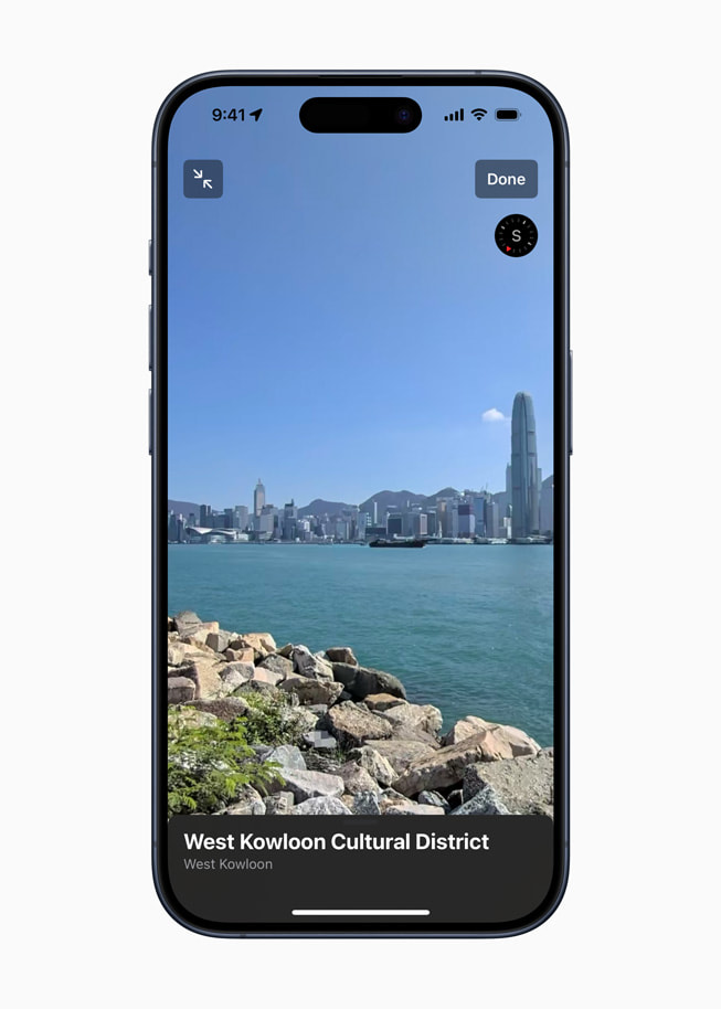 在 iPhone 15 Pro 使用全新「地圖」app 的「環視四周」功能探索西九文化區。