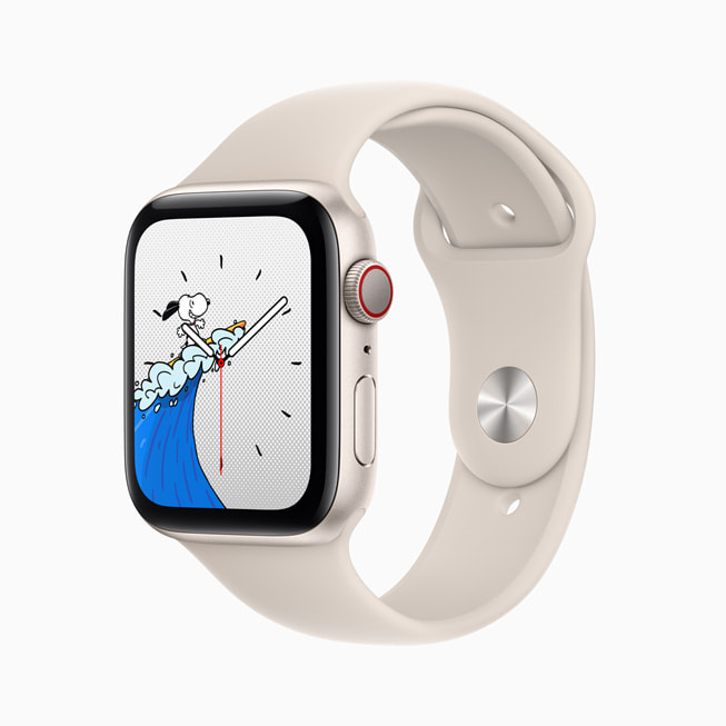Apple Watch SE is shown in starlight aluminium with a starlight Sport Band.