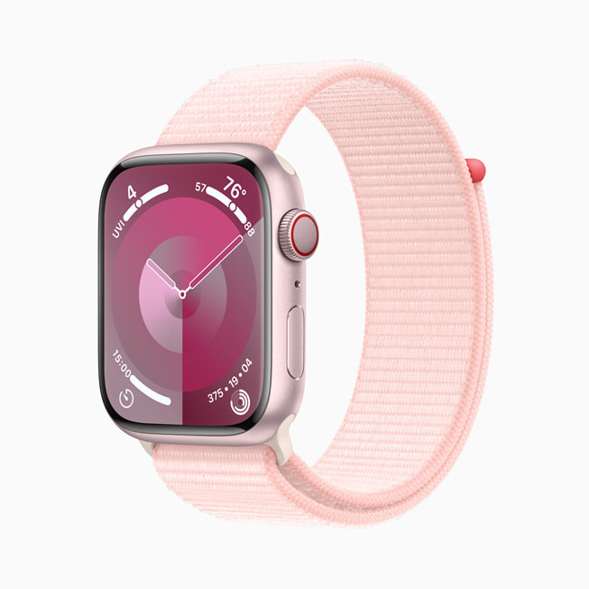 Imagem do novo Apple Watch Series 9 em alumínio rosa com uma pulseira loop esportiva rosa.
