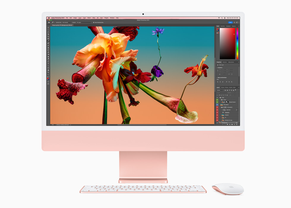 Adobe Photoshop na novém iMacu s čipem M3 v růžovém provedení s barevně sladěnou klávesnicí a myší