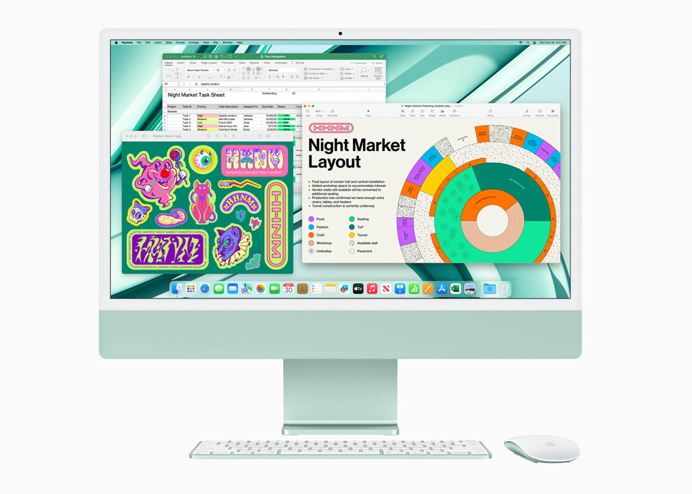 プレビュー、Microsoft Excel、Keynoteが表示されている、グリーンの新しいM3搭載iMacと、同色のキーボードとマウス。