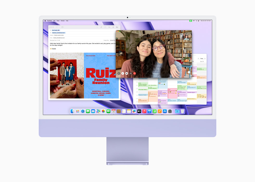FaceTime、「行事曆」和「郵件」顯示在搭載 M3 的紫色新款 iMac 上。