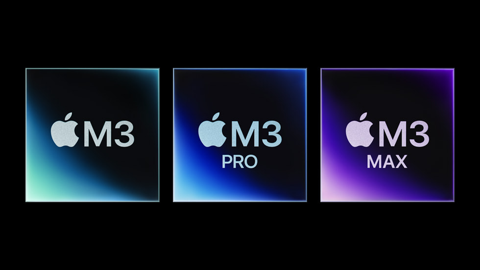 M3, M3 Pro, M3 Max 칩을 나타내는 세 개의 사각형이 있는 그래픽 이미지.