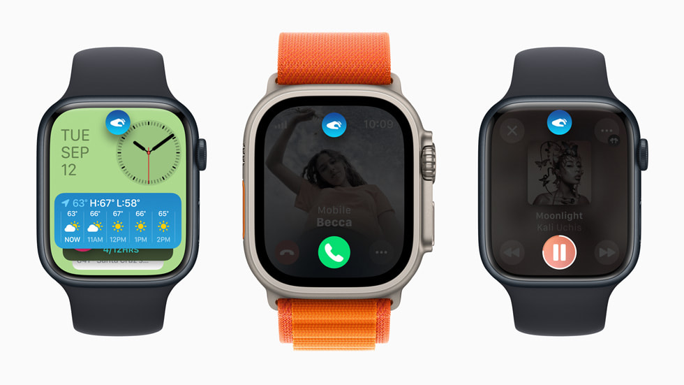 Imagen que muestra tres dispositivos de la familia Apple Watch más reciente.