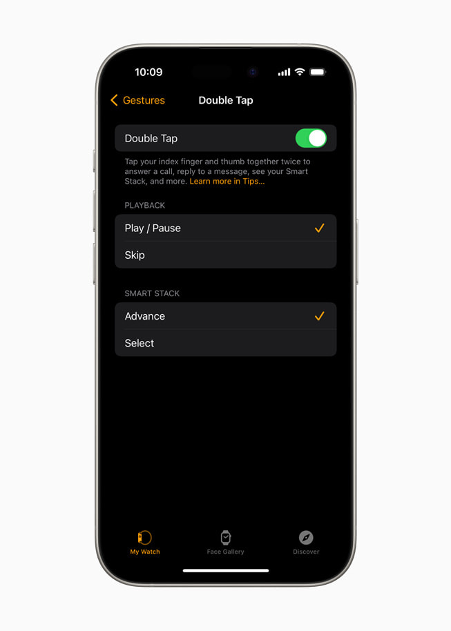 En brugers indstillinger for dobbelttryk vises under indstillingerne på iPhone 15 Pro.