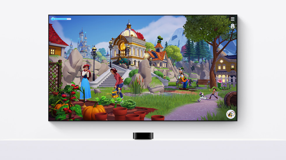 Disney Dreamlight Valley 게임 플레이를 보여주는 Apple TV와 연결된 텔레비전.