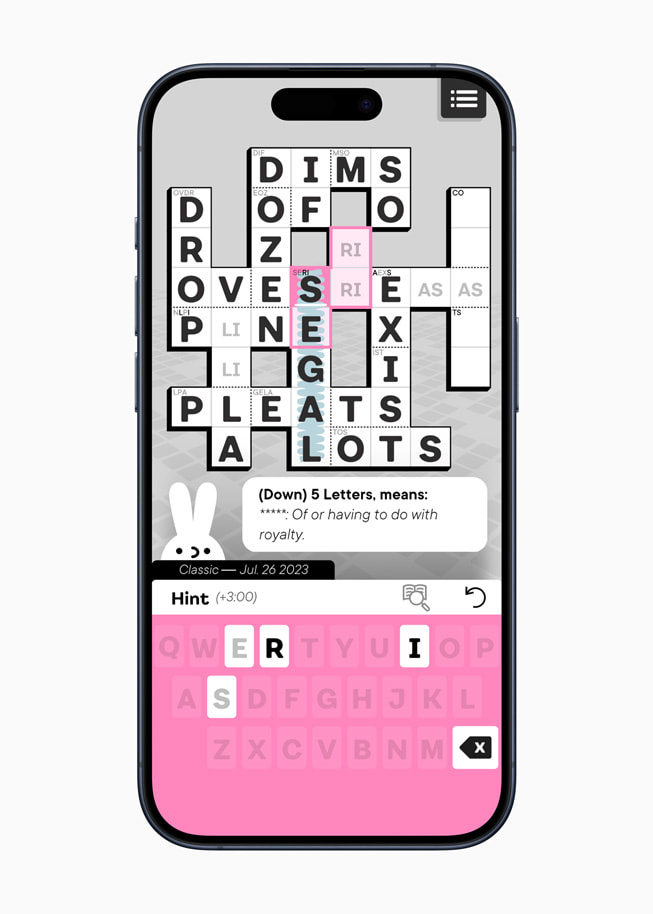 Knotwords+ 퍼즐을 보여주는 iPhone 15 Pro.