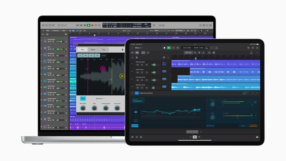 Pengalaman Logic Pro yang telah diperbarui ditampilkan di Mac dan iPad.