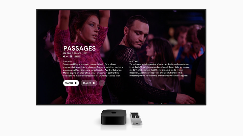 Aplikacja MUBI pokazana na ekranie telewizora podłączonego do Apple TV.
