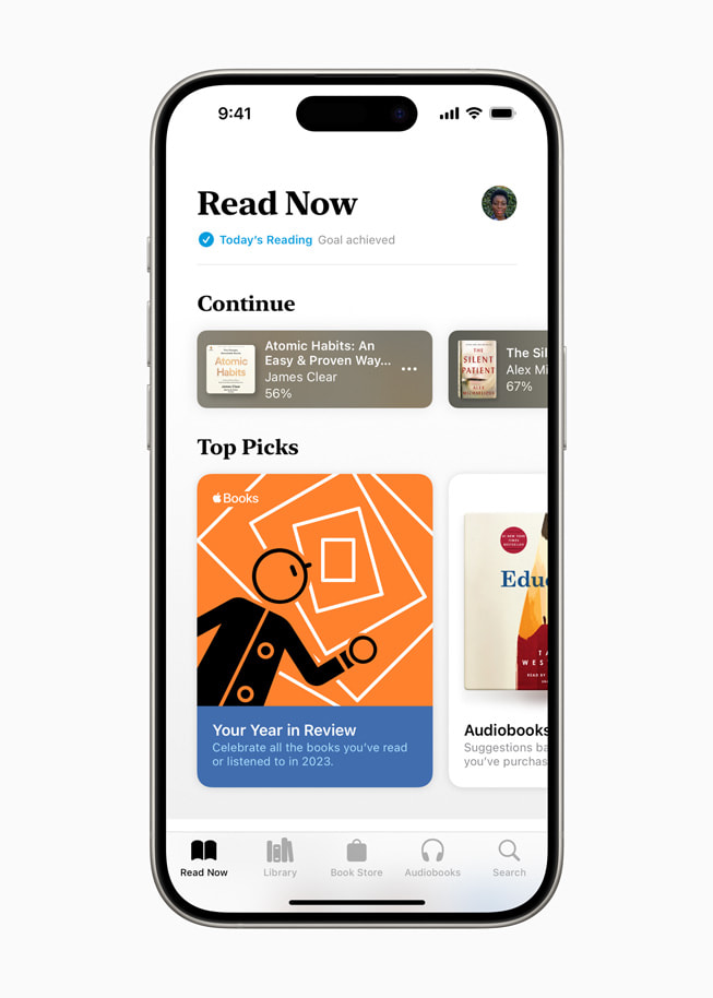 A user’s Year in Review is shown on the Read Now page in Apple Books on iPhone 15 Pro.