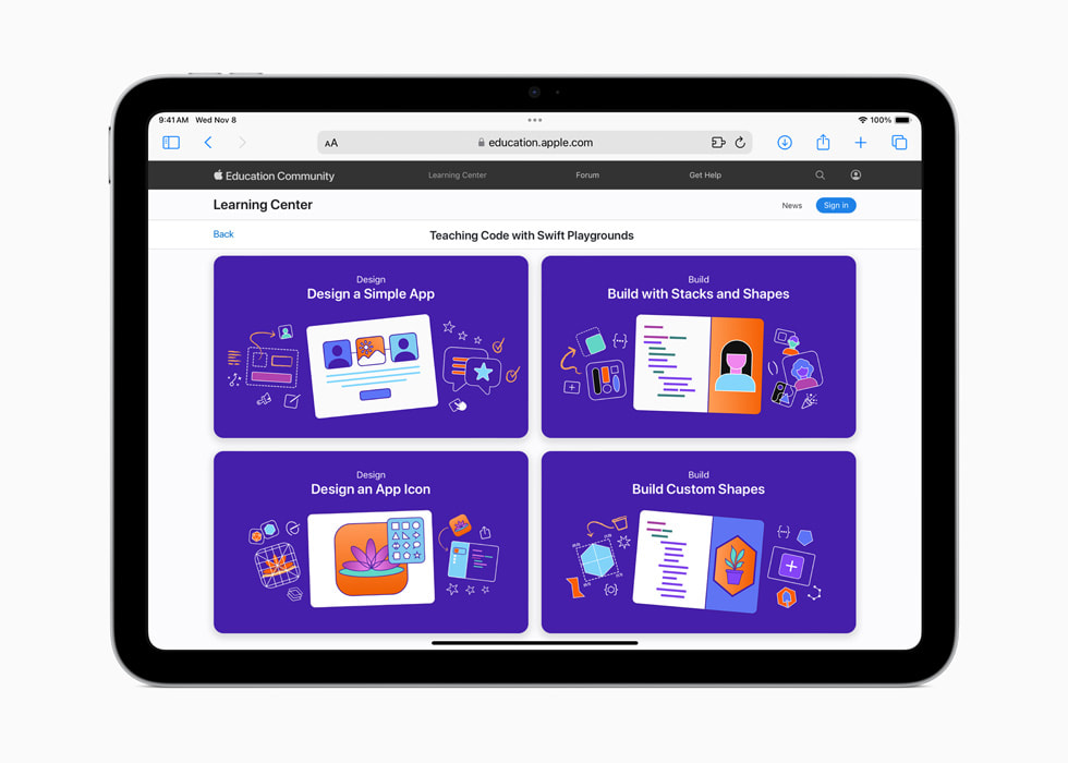 Cuatro proyectos de Programación para todos se muestran en el iPad: Diseña una app simple, Desarrolla con pilas y formas, Crea formas personalizadas y Diseña un ícono de app.