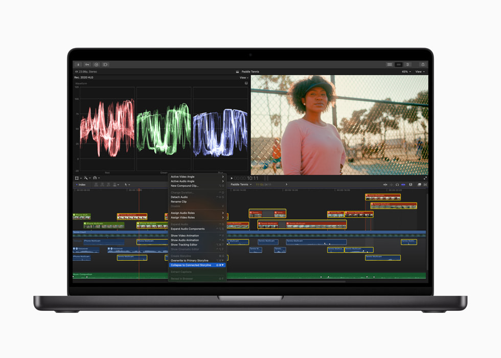 A menu prompts a user to “Collapse to Connected Storyline” in a Final Cut Pro for Mac workflow.