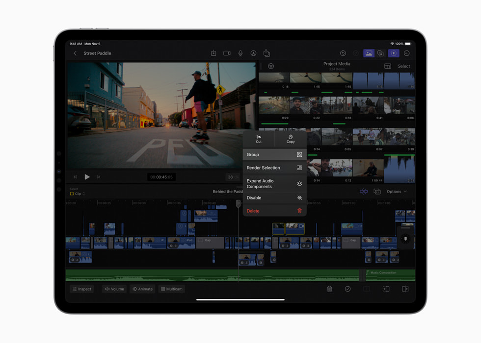 Pokazane połączone klipy w Final Cut Pro w wersji na iPada.