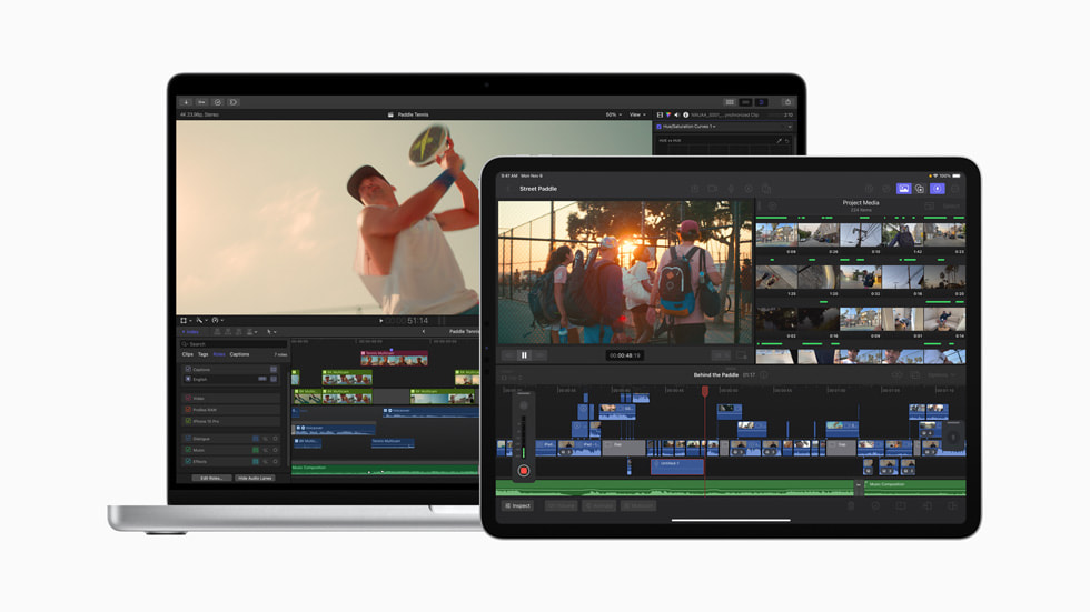 Zaktualizowana aplikacja Final Cut Pro w wersjach na Maca i iPada pokazana na MacBooku Pro i iPadzie.