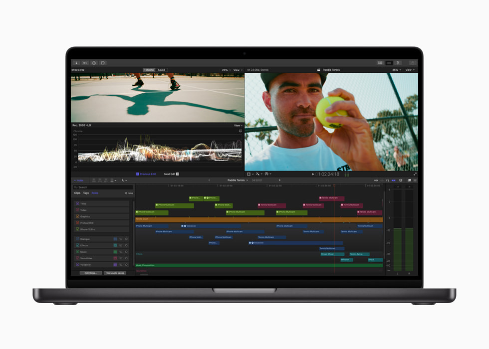 Bir kullanıcının Mac için Final Cut Pro iş akışında zaman ekseni dizini gösteriliyor.