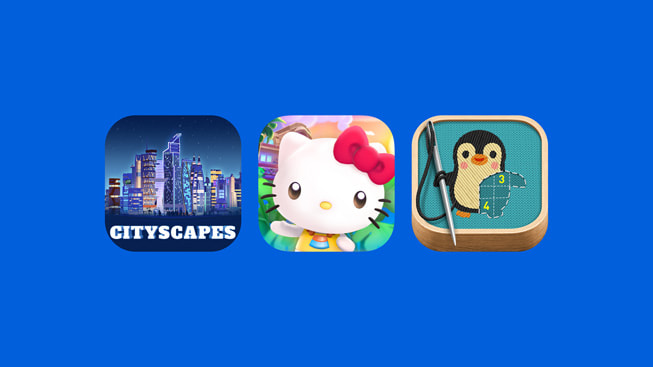 Logo aplikasi Cityscapes, Hello Kitty Island Adventure, dan stitch.