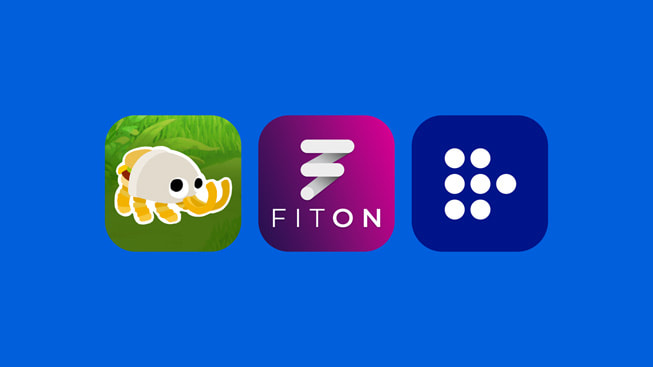 Logo aplikasi Bugsnax, FitOn, dan MUBI.