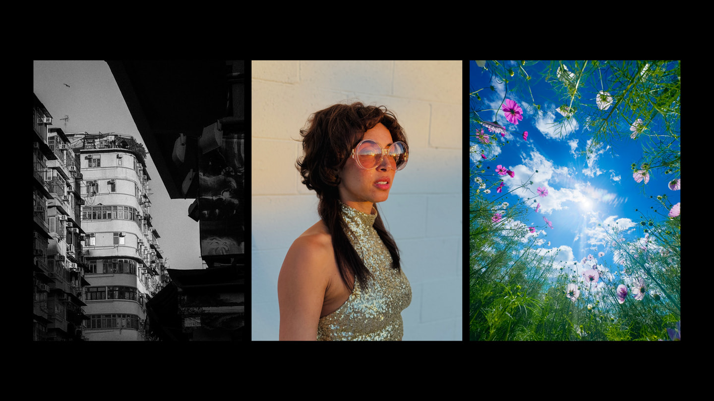 用 iPhone 15 Pro Max 拍攝的三張照片：一棟建築物的黑白照片；一張戴著墨鏡、穿著亮片洋裝的人像；花朵綻放著，與多雲的藍天相遇。