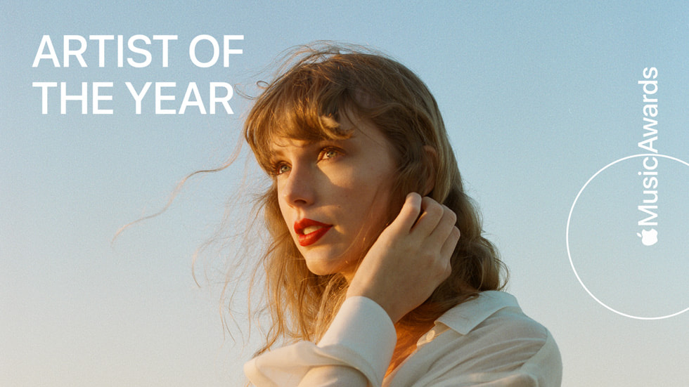 Un’immagine che mostra una foto di Taylor Swift, le parole “Artist of the Year” e il logo Apple seguito dal testo “Music Awards”. 