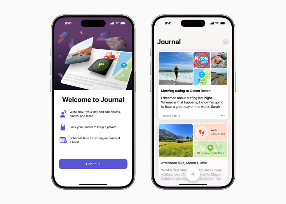 兩台 iPhone 15 Pro 裝置顯示「日誌」App 介面。