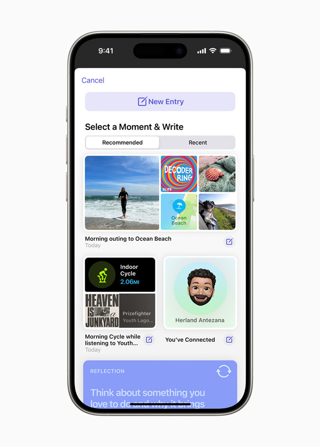 Se muestra la interfaz de la app Diario en un iPhone 15 Pro con el mensaje “Select a Moment & Write”. 
