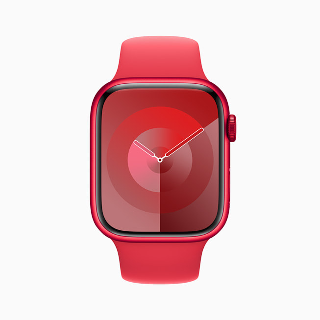 La carátula Paleta en rojo en un Apple Watch Series 9 (PRODUCT)RED.