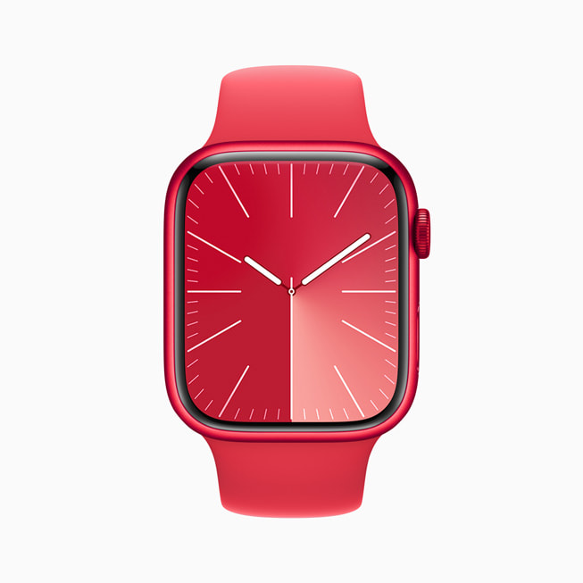 La carátula Solar Analógico en rojo en un Apple Watch Series 9.