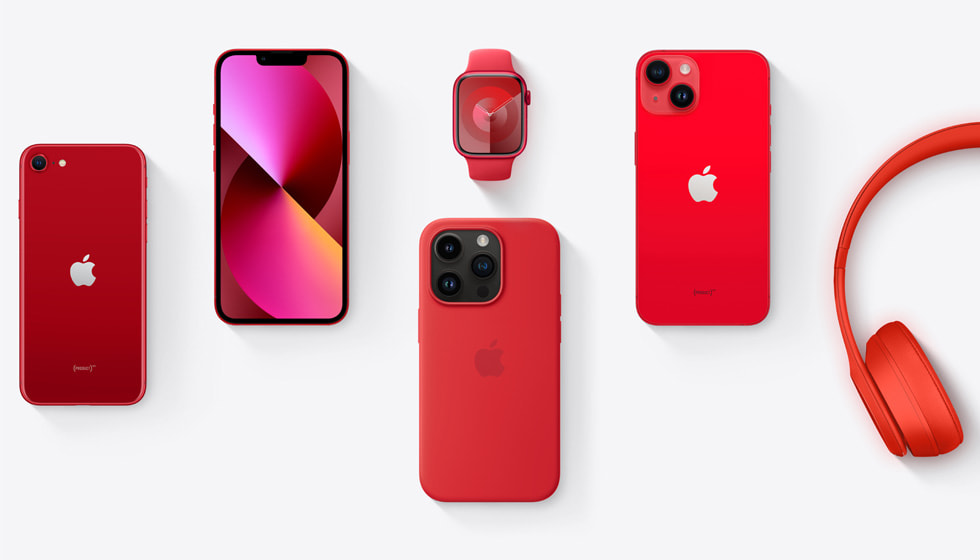 An array of (PRODUCT)RED iPhone models, Apple Watch devices, and AirPods Max are shown.