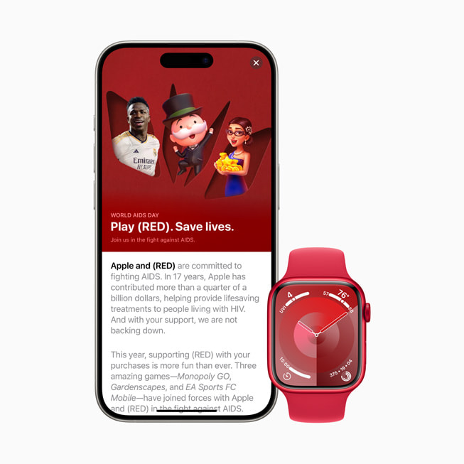 Página del App Store con diseño del Día Mundial del Sida en un iPhone 15 Pro y la carátula Solar Analógico en el Apple Watch Series 9 (PRODUCT)RED.
