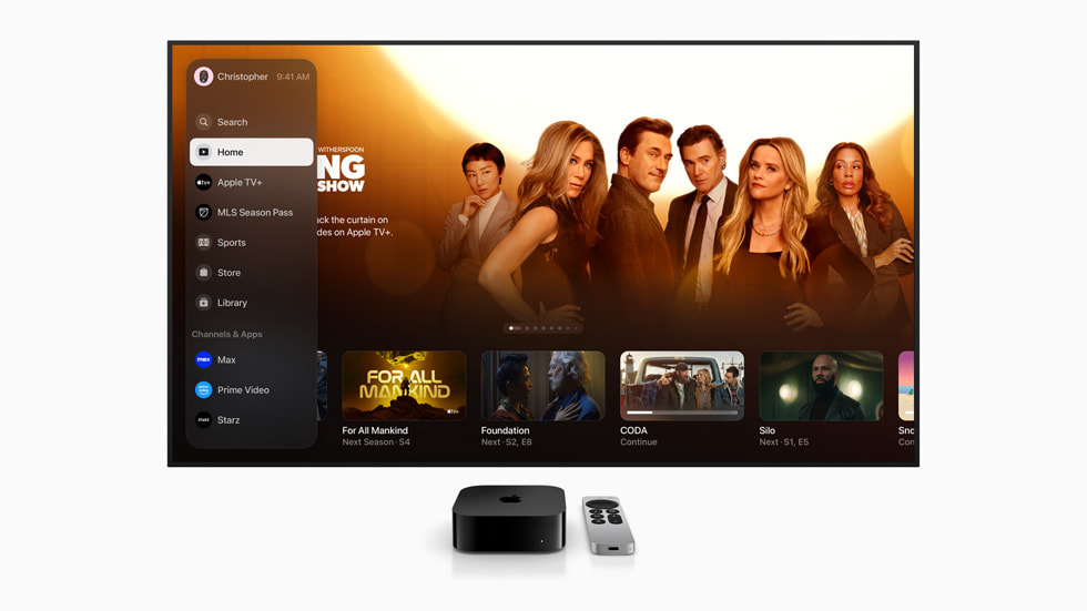 圖片顯示更新的 Apple TV app 與 Apple TV。