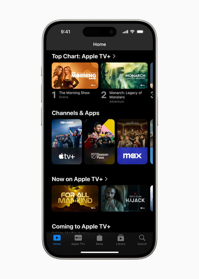 The updated Apple TV app is shown on iPhone 15 Pro.