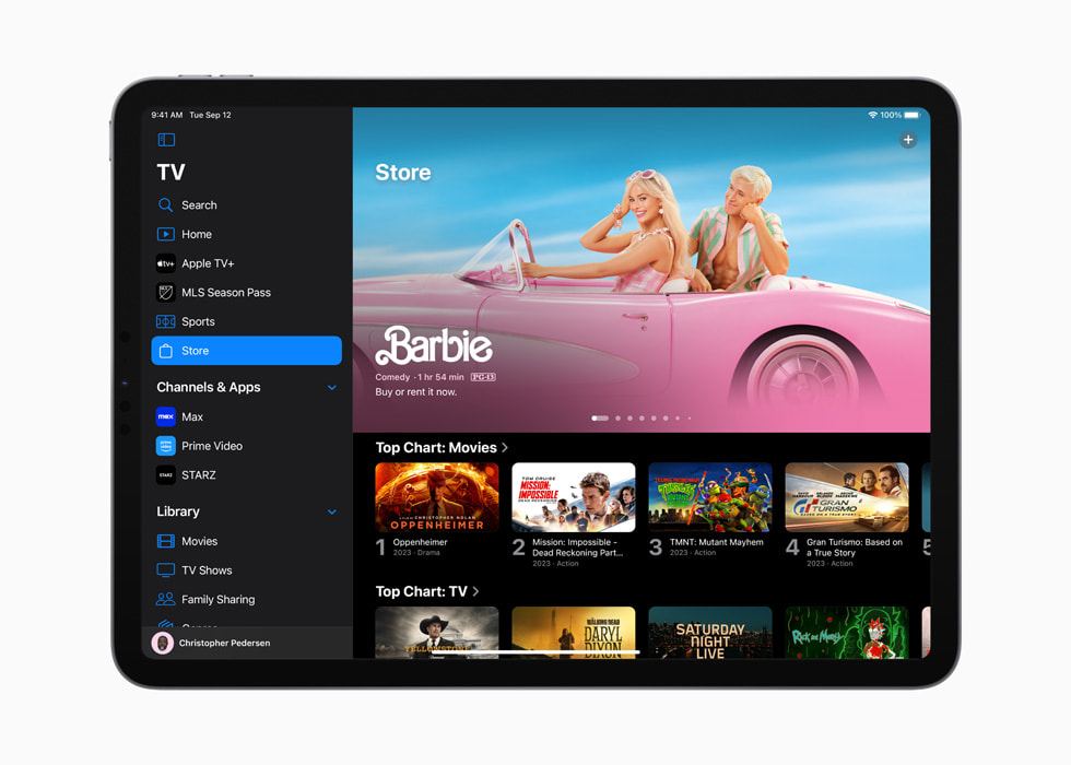 Interfejs sklepu w przeprojektowanej aplikacji Apple TV wyświetlanej na iPadzie Pro.