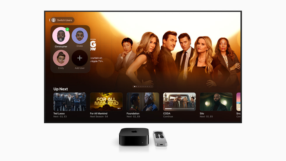 Ukázka uživatelských profilů v aplikaci Apple TV na obrazovce Apple TV