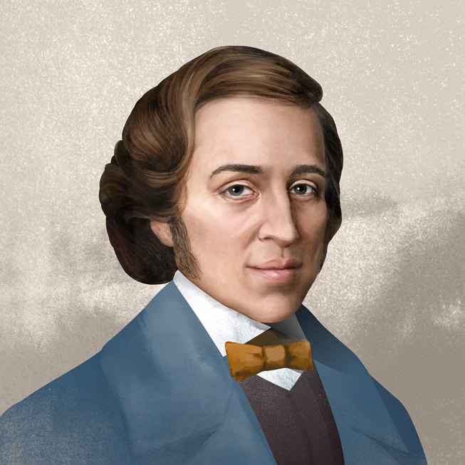 「Apple Music 古典樂」中作曲家蕭邦 (Frédéric Chopin) 的人像。