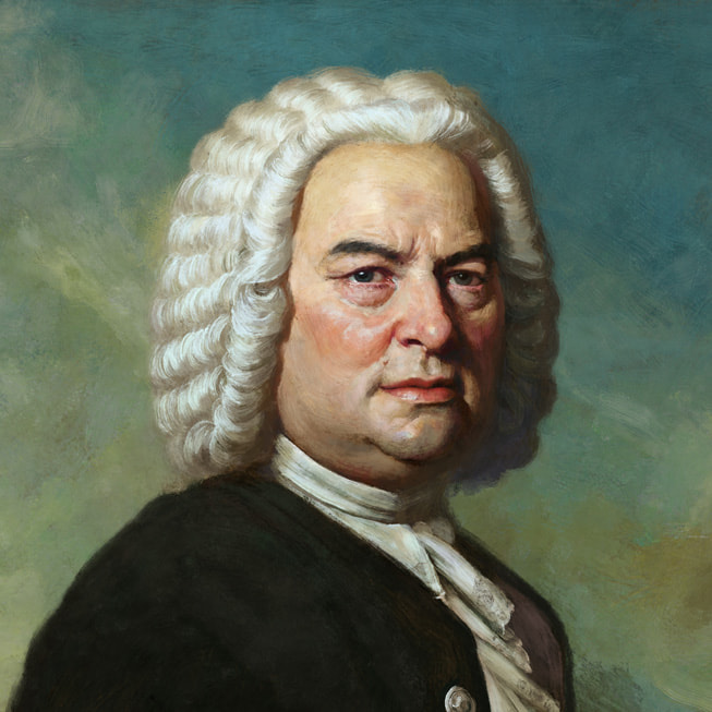 「Apple Music 古典樂」中作曲家巴哈 (Johann Sebastian Bach) 的人像。