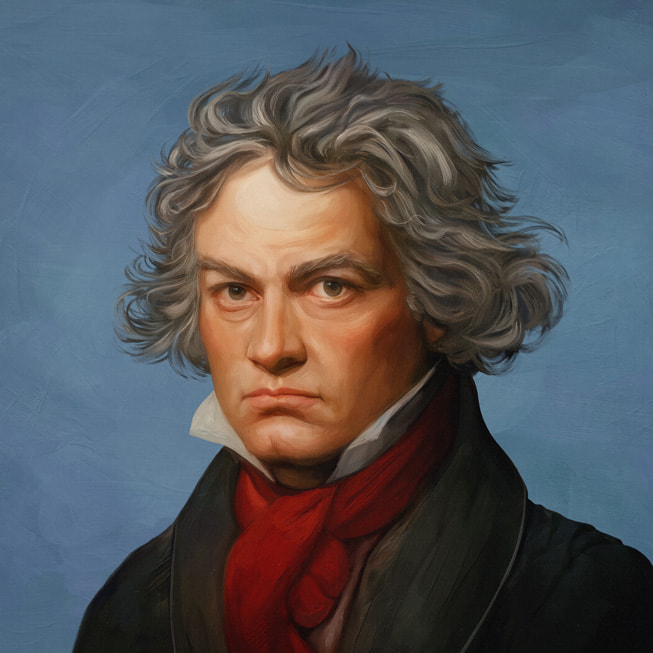 A portrait of composer Ludwig van Beethoven from Apple Music Classical.