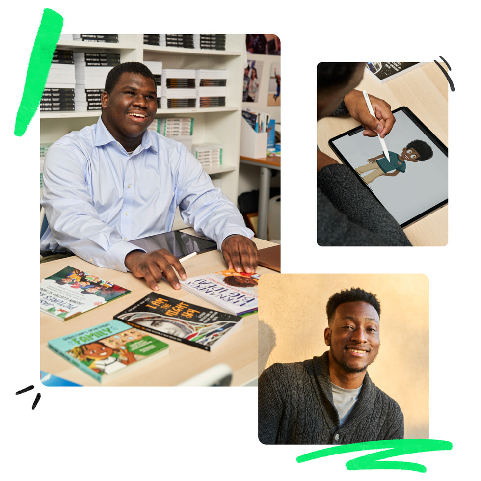 Collage de trois images : à gauche, un auteur de Shout Mouse Press est attablé devant plusieurs livres; dans le coin supérieur droit, un illustrateur travaille avec un iPad et un Apple Pencil; et dans le coin inférieur droit se trouve un portrait d’un illustrateur de Shout Mouse Press.