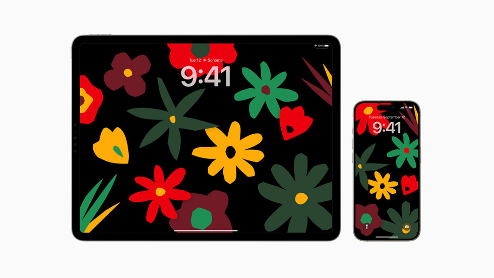 Vue du nouveau fond d’écran de la Collection Black Unity sur l’écran verrouillé d’un iPad (à gauche) et d’un iPhone (à droite).